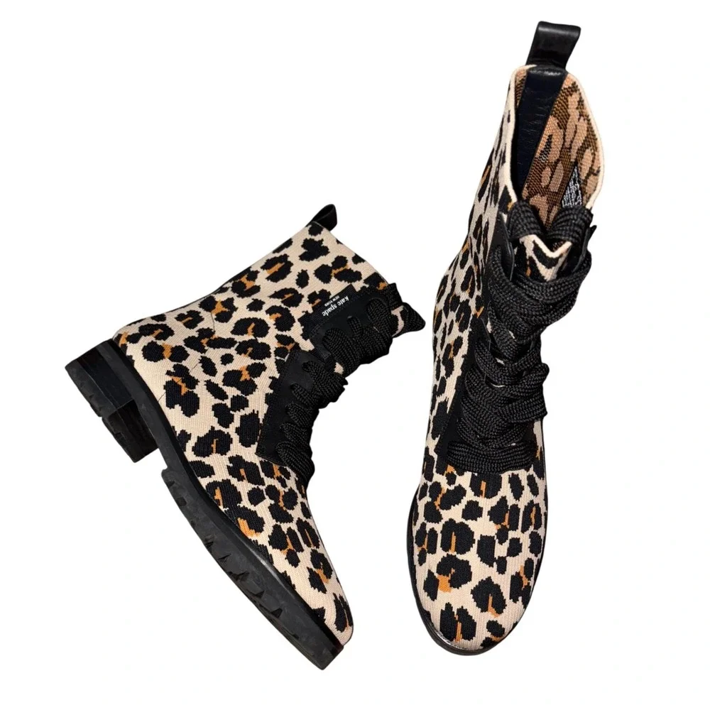Kate Spade‎ Merigue Boots 9.5 Knit Leather Leopard Lace Up boots NEW